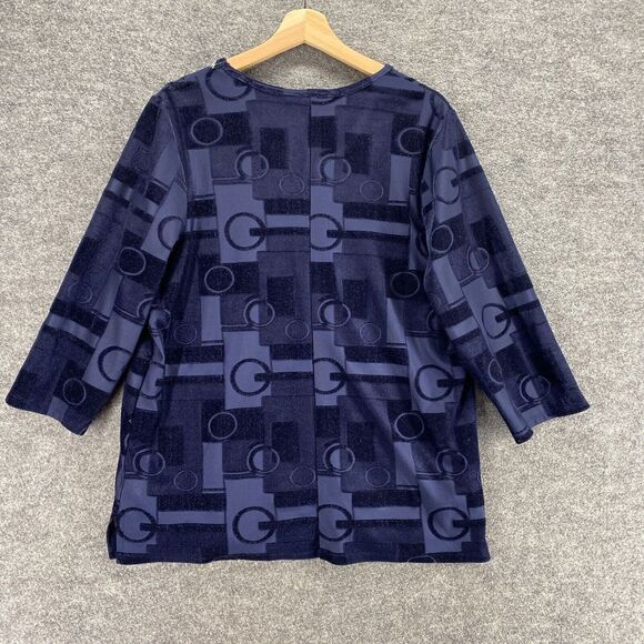 Chico's Blouse Women M Medium Blue Geometric Round Neck Lined 3/4 Sleeve Velvet - Picture 2 of 9